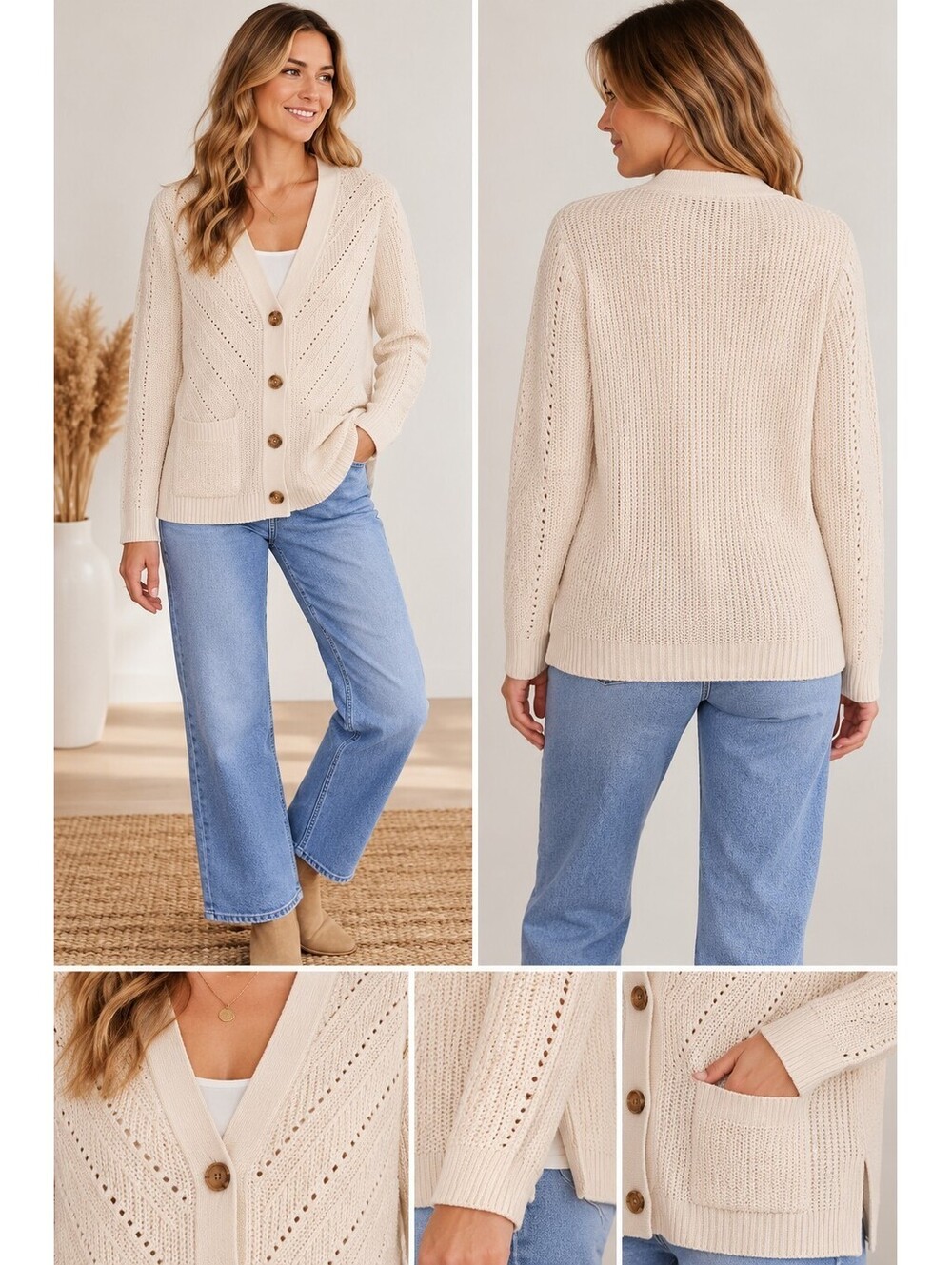 LL Bean Woman's Med Cream Linen Cotton Cardigan Openwork Knit Pockets Coastal